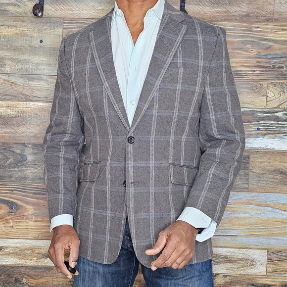 Joseph Abboud Linen Cotton Gray Plaid Double Vented Blazer Sport Jacket Size M